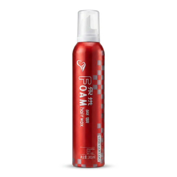 Red foam hair product bottle with white cap on a white background