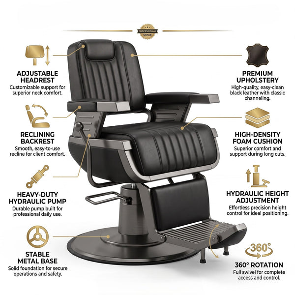 Globalstar AW-1930B Professional Barber Chair - Premium Black Leather Barber Chair