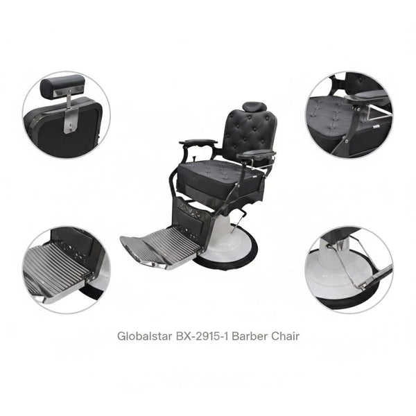 Close up of black leather upholstery and stitching on Globalstar BX-2915-1 barber chair