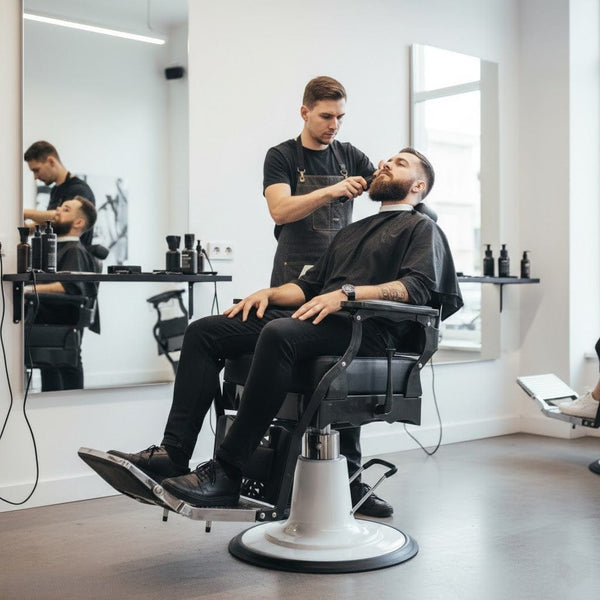 Globalstar BX-2915-1 reclining barber chair fully extended with adjustable headrest support