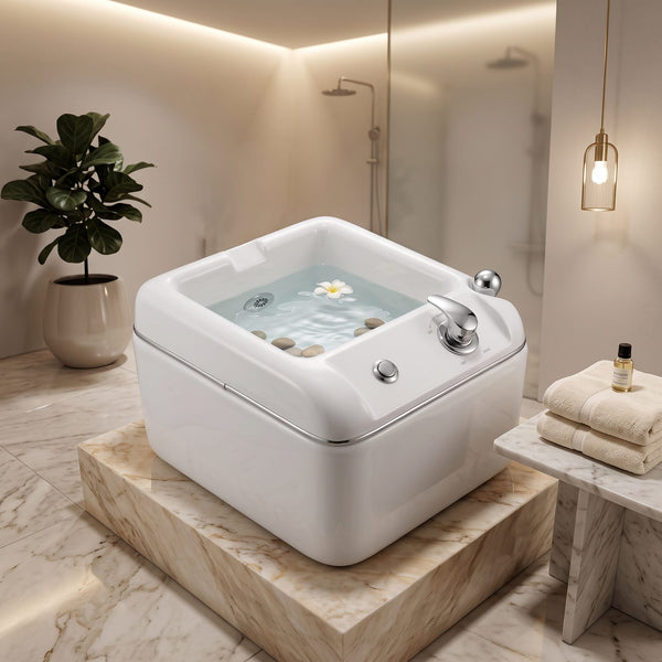 Globalstar T092 professional pedicure foot spa jacuzzi displayed in luxury marble spa bathroom with flowers and towels