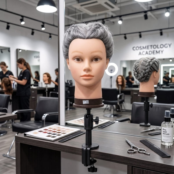 Globalstar 613/1B grey mannequin training head complete Salon Pro Training Equipment flat lay with scissors, combs, brushes, clips, styling products and clamp mount