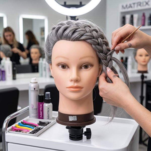 Stylist curling grey hair on Globalstar 613/1B mannequin training head with curling iron in luxury marble salon station with premium styling products