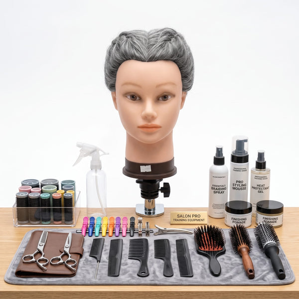Globalstar 613/1B grey mannequin training head on clamp mount at professional Cosmetology Academy training station with colour swatches, scissors and styling tools
