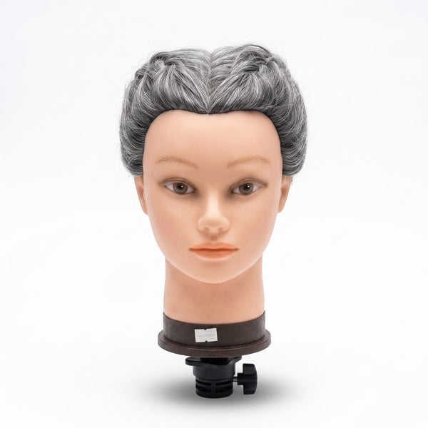 Globalstar 613/1B mannequin training head 60cm clean front product shot on white background showing natural-feel grey hair with clamp mount