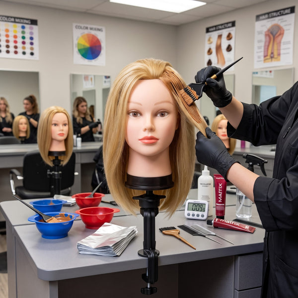 Globalstar 905 blonde mannequin training head on clamp mount at professional salon station with styling tools, brushes, combs and LED mirror in background