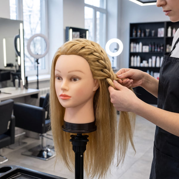 Stylist practising French braid technique on Globalstar 905 blonde mannequin training head on tripod stand in modern luxury salon with ring lights