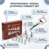 Black Professional Hijama Cupping Therapy Set 12 pieces box displayed in luxury spa treatment room with frankincense essential oil and warm ambient lighting