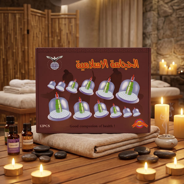 Black Professional Hijama Cupping Therapy Set 12 pieces clean product box shot on white background showing all cup sizes