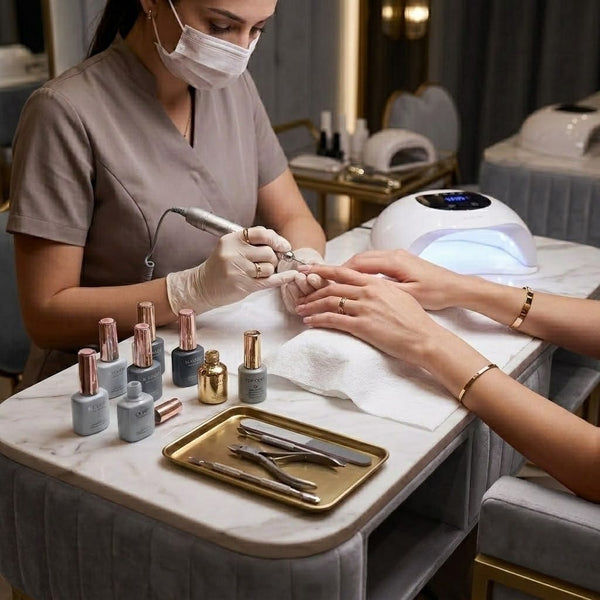 Globalstar Grey Velvet Manicure Station with Gold Frame – Manicure Table with Client & Technician Chairs