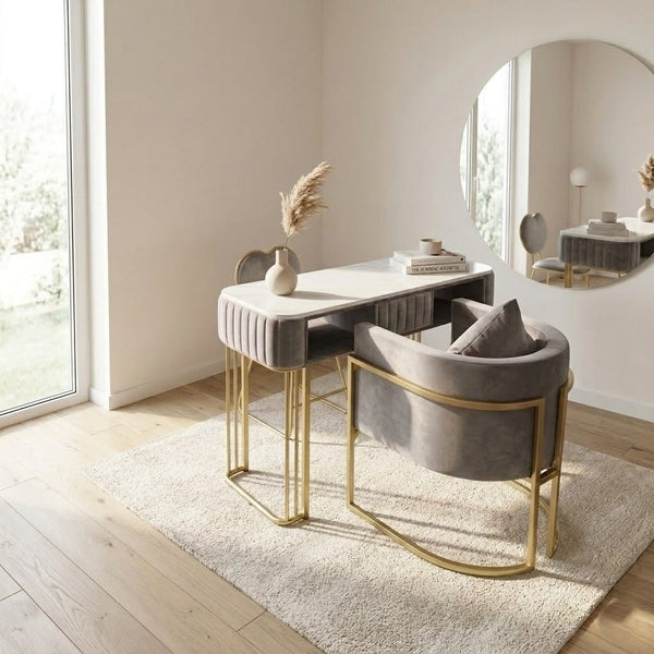 Globalstar Grey Velvet Manicure Station with Gold Frame – Manicure Table with Client & Technician Chairs