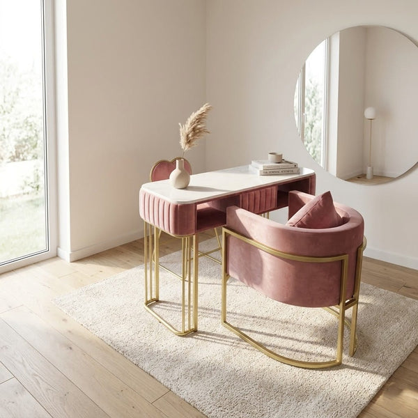 Globalstar Pink Velvet Manicure Station with Gold Legs – Manicure Table with Client & Technician Chairs