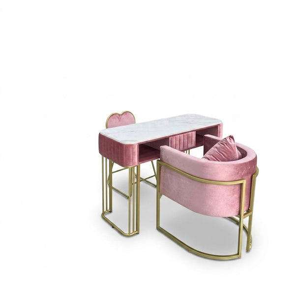 Globalstar Pink Velvet Manicure Station with Gold Legs – Manicure Table with Client & Technician Chairs