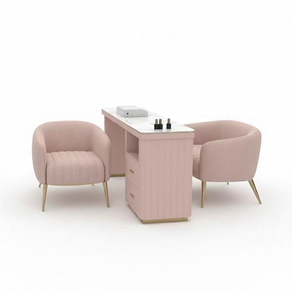 Globalstar Pink Manicure Table Set – Single Nail Station with Two Chairs, Sintered Stone Top, USB Charger and Socket