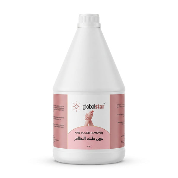 Globalstar Nail Polish Remover 3.78L clean white background product shot showing full pink label with Globalstar branding and nail polish remover label in English and Arabic