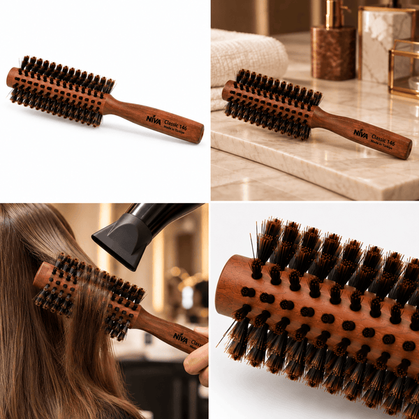 Niva Brushes Classic 146 Wooden Style Round Hair Brush on Luxury Salon Countertop