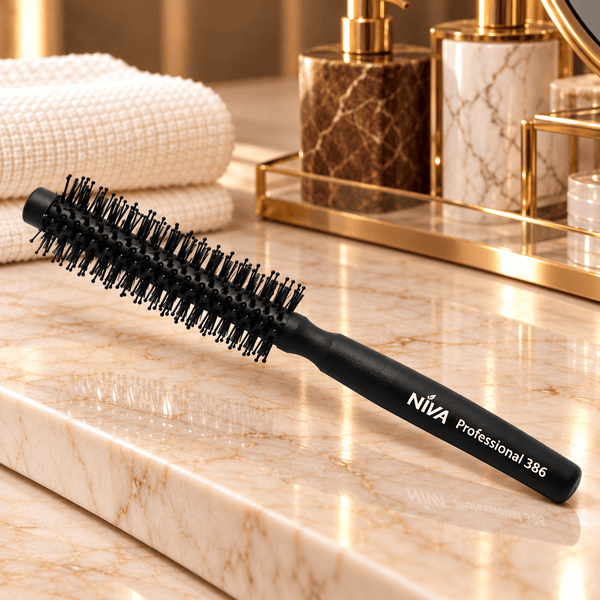 Niva Brushes Professional 386 Black Round Styler Brush on Luxury Salon Countertop