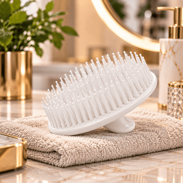 Niva Brushes Model 606 White Round Plastic Hair Brush on Luxury Vanity