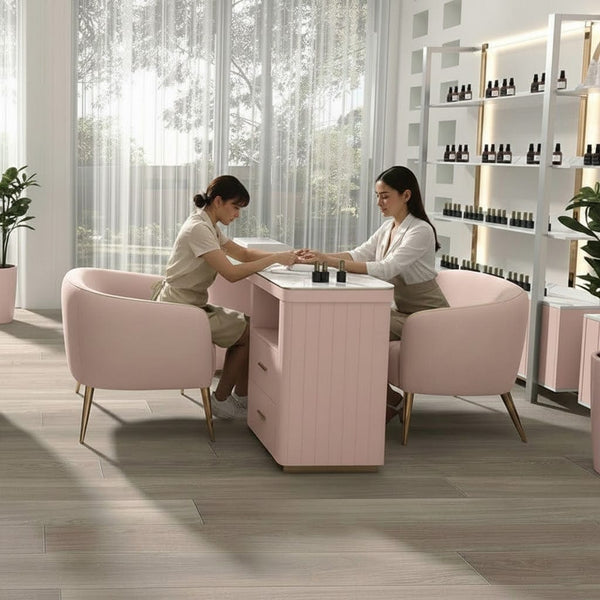 Globalstar Pink Manicure Table Set – Single Nail Station with Two Chairs, Sintered Stone Top, USB Charger and Socket