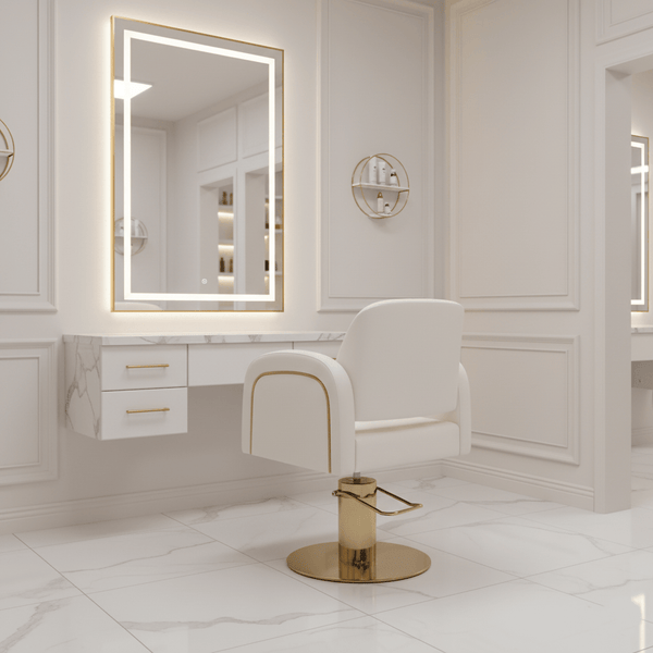 Globalstar White and Gold Makeup Styling Chair - Ergonomic Beauty Chair with Adjustable Height