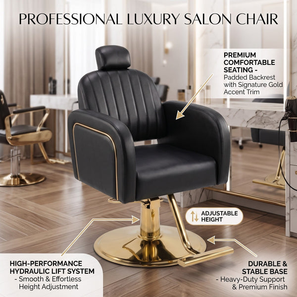 Globalstar Makeup Chair Black B641 – Premium Salon Chair with Gold Base, Reclining, 360° Rotation & Height Adjustment