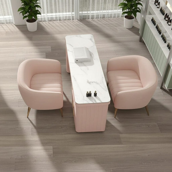 Globalstar Pink Manicure Table Set – Single Nail Station with Two Chairs, Sintered Stone Top, USB Charger and Socket