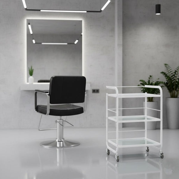 Globalstar Professional 3-Tier Glass Trolley– White Frame with Frosted Glass Shelves for Salon and Home Use