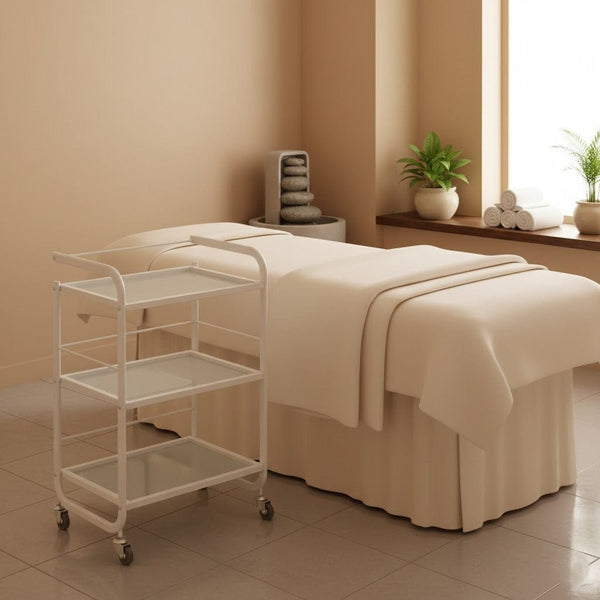 Globalstar Professional 3-Tier Glass Trolley– White Frame with Frosted Glass Shelves for Salon and Home Use