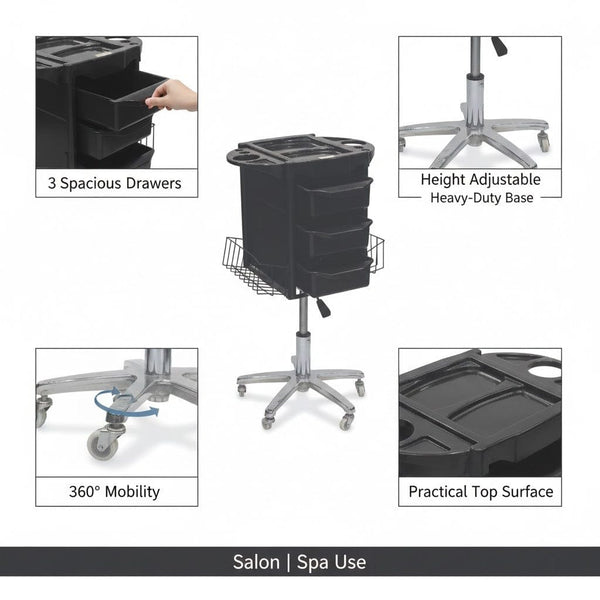 Globalstar Professional Salon Trolley – 3-Drawer Spa, Clinic and Tattoo Utility Cart with Swivel Wheels