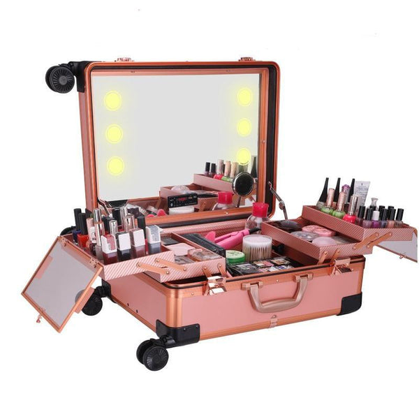 Globalstar Rose Gold Makeup Trolley Case With Adjustable LED Lights, Speaker, Bluetooth Player And Detachable 4 Wheels - Awarid UAE