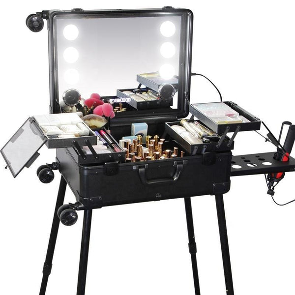 Globalstar Black Makeup Trolley Case With Adjustable LED Lights, Speaker, Bluetooth Player And Detachable 4 Wheels - Awarid UAE