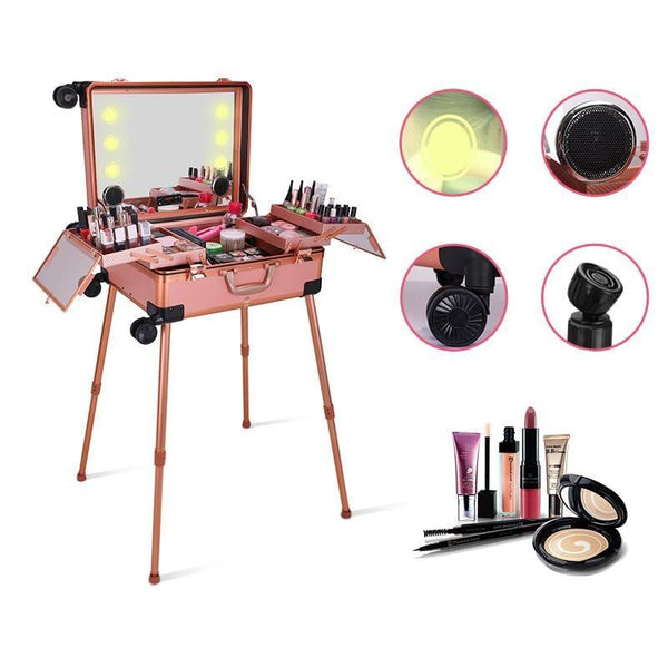 Globalstar Rose Gold Makeup Trolley Case With Adjustable LED Lights, Speaker, Bluetooth Player And Detachable 4 Wheels - Awarid UAE