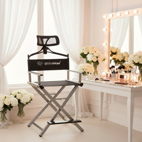 Globalstar Foldable Tall Makeup Chair Silver with Headrest – Portable Director & Makeup Artist Chair