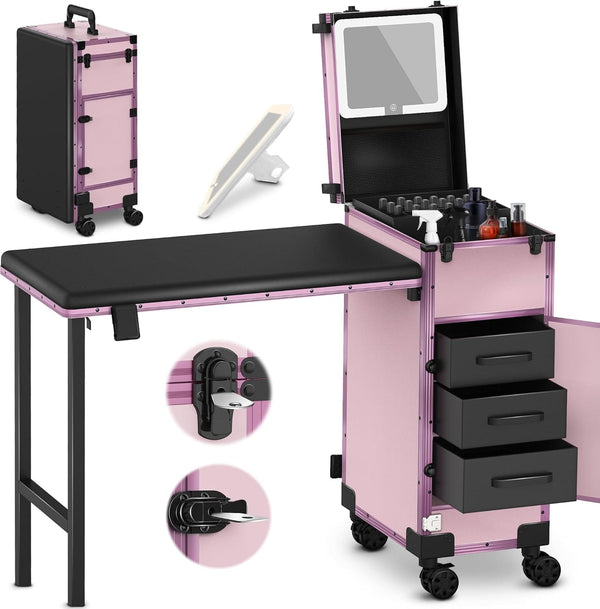 Globlastar Rolling Portable Manicure Table with 2 Drawers, Mirror & Nail Polish Organizer – Mobile Nail Tech Workstation