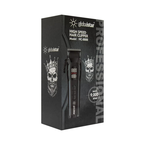 Black box packaging of a high-speed hair clipper with 'globalstar' branding on a white background.