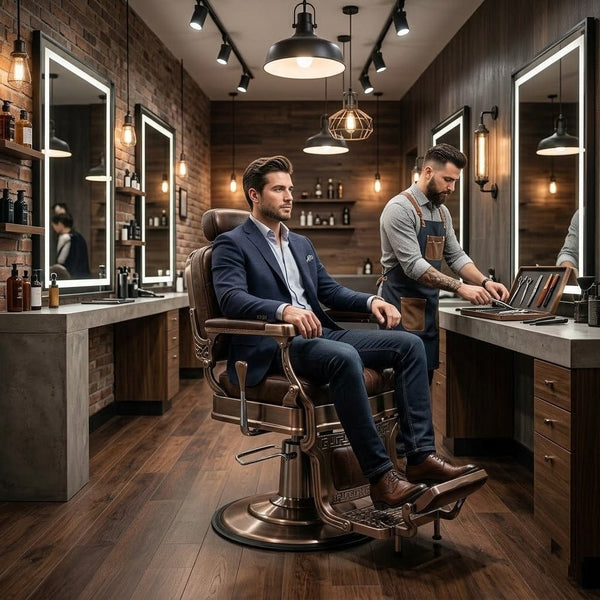 GlobalStar 6611 Professional Barber Chair - Hydraulic Salon Styling Chair with Brown Leather Upholstery & Bronze Base - Heavy Duty Reclining Chair