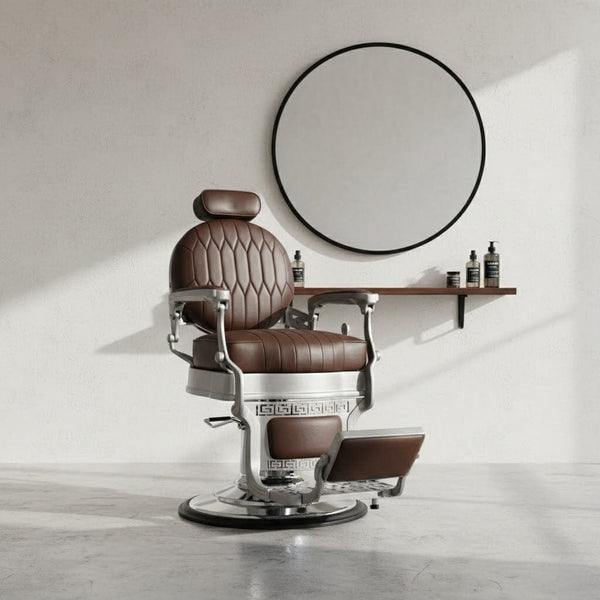 Globalstar DY-5343 Brown Barber Chair – Soft Leather with 360° Swivel & Solid Silver Steel Base
