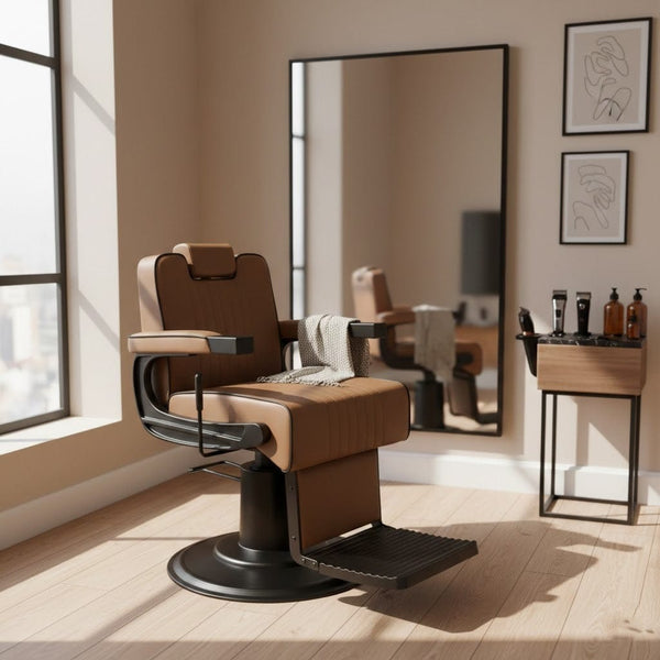 Globalstar BC-9995 Cappuccino Barber Chair – Soft Leather, 360° Rotating with Solid Black Base