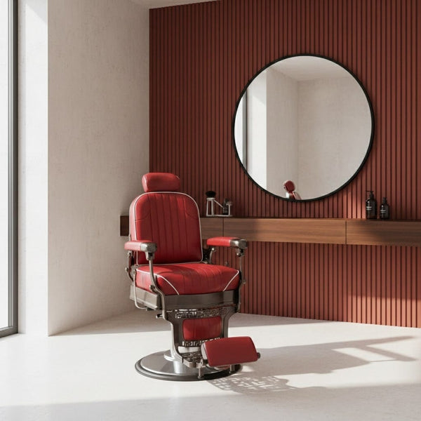 Globalstar DY-6611 Red Barber Chair – Soft Leather 360° Rotating with Silver Base