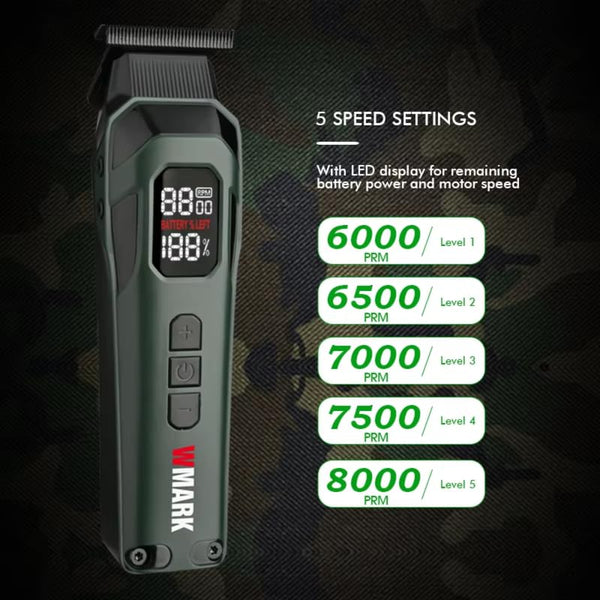 WMARK NG-8280 Professional T-Blade Trimmer 5-Speed 8000 RPM Cordless Hair Clipper DLC Blade 300min Runtime Green