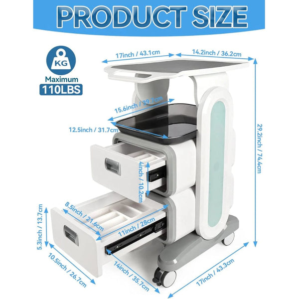 Globlastar Multi-Use Medical & Salon Trolley Cart with 2 Drawers – ABS Professional Rolling Utility Cart for Spa, Clinic, Hospital & Office