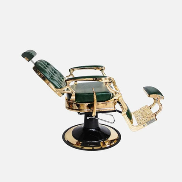 Globalstar BC-2004 Classic Gold Leather Barber Chair – Green Upholstery with Hydraulic Lift & 360° Swivel