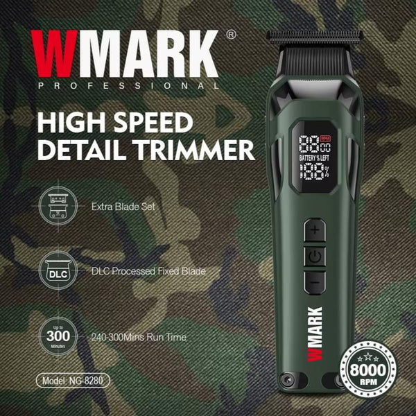 WMARK NG-8280 Professional T-Blade Trimmer 5-Speed 8000 RPM Cordless Hair Clipper DLC Blade 300min Runtime Green