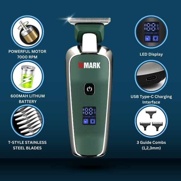 WMARK NG-204 Digital Display Barber Trimmer Powerful Rotary Motor Cordless Hair Clipper 90 Min Runtime Black