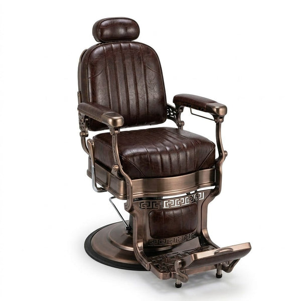 GlobalStar 6611 Professional Barber Chair - Hydraulic Salon Styling Chair with Brown Leather Upholstery & Bronze Base - Heavy Duty Reclining Chair