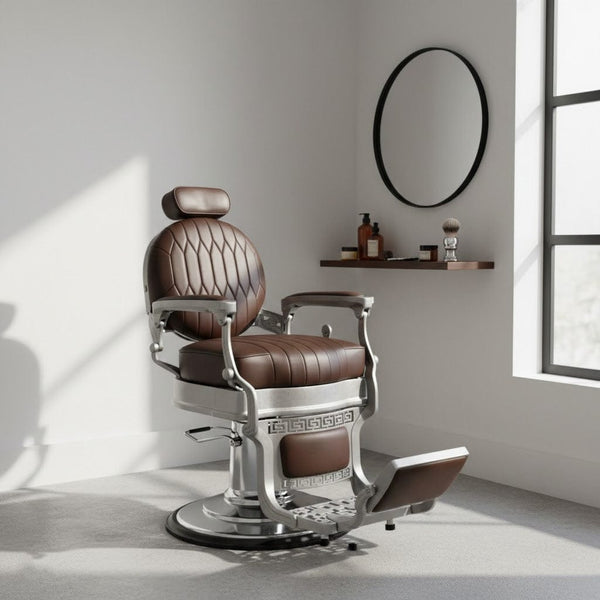 Globalstar DY-5343 Brown Barber Chair – Soft Leather with 360° Swivel & Solid Silver Steel Base