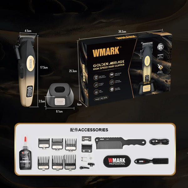 WMARK Professional Hair Clipper Set 9000RPM Turbo Motor 240 Min Runtime - Metal Body | LED Display | 6 Combs