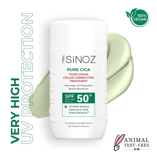 Sinoz Pure Cica Tiger Grass Correcting Cream SPF50+ – Color-Changing, Redness Repair & UV Protection, 50ml