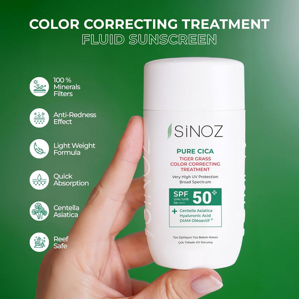 Sinoz Pure Cica Tiger Grass Correcting Cream SPF50+ – Color-Changing, Redness Repair & UV Protection, 50ml