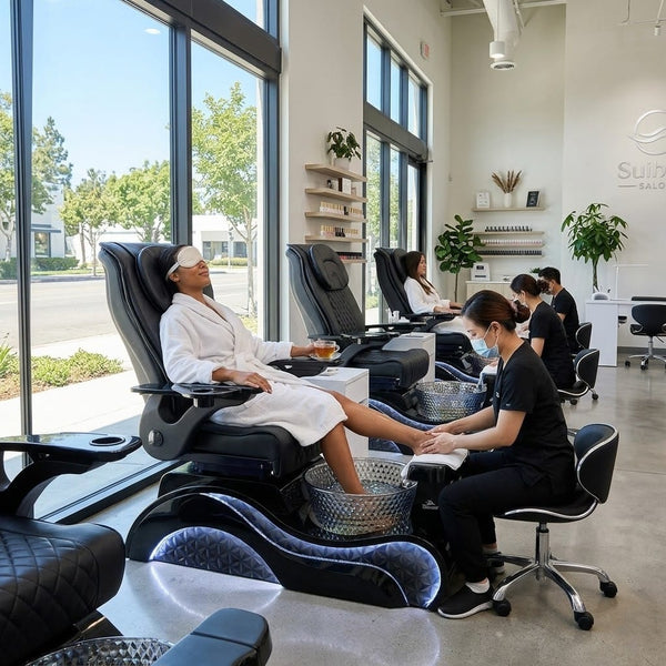 Woman receiving a pedicure in a modern salon with large windows.